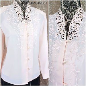 CHRISTIE & JILL Embroider Cut Work Pearl Button Shell Pink Blouse 8P NWOT